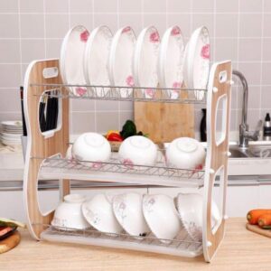 22INCHES 3 LAYER RASHNIK WOODEN B SHAPE PLATE RACK WITH CUP AND CUTLERY HOLDER
